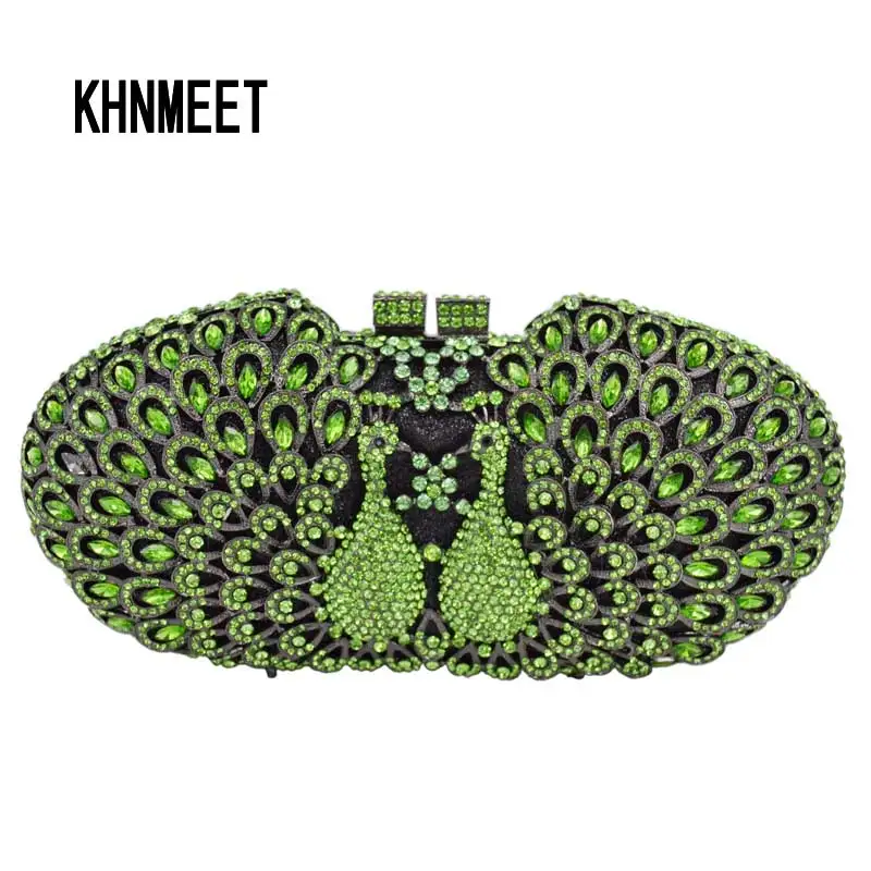 KHNMEET Bling Peacock Day Clutch Party Purse Women Diamond Crystal bag Green Ladies Evening Bags Dinner handbag SC438