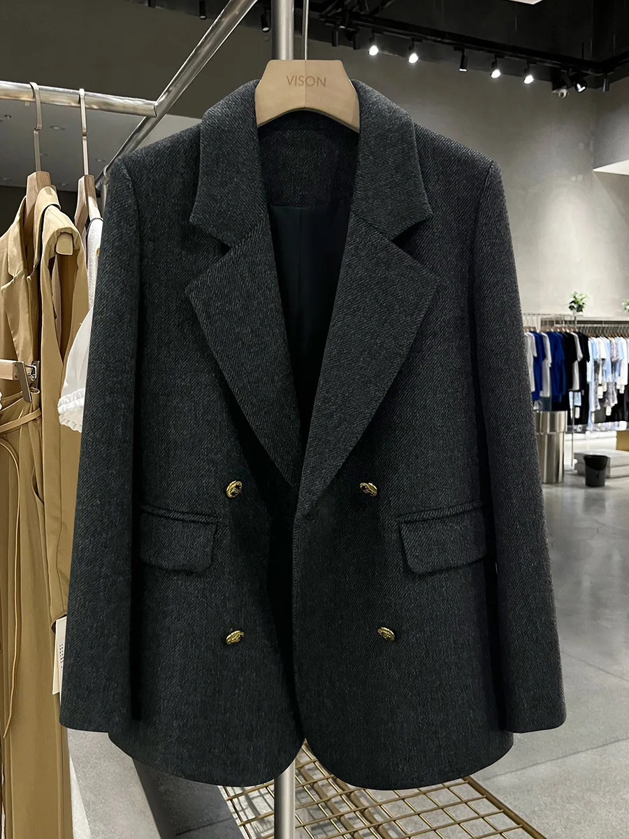 سترة صوفية رمادية داكنة بدلة صغيرة نسائية جديدة ذات مزاج راقي في خريف وشتاء 2025 #6