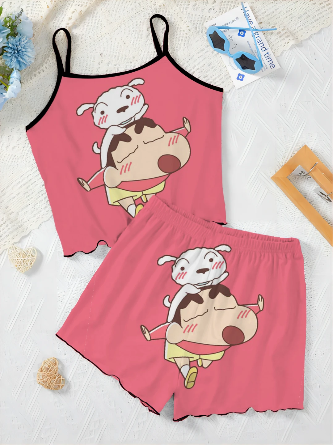 Crayon Shin-chan Women's Suit T-shirt Lettuce Trim Slip Dress Satin Surface Short Sets Pajama Skirt Top Pieces Elegant Home Top