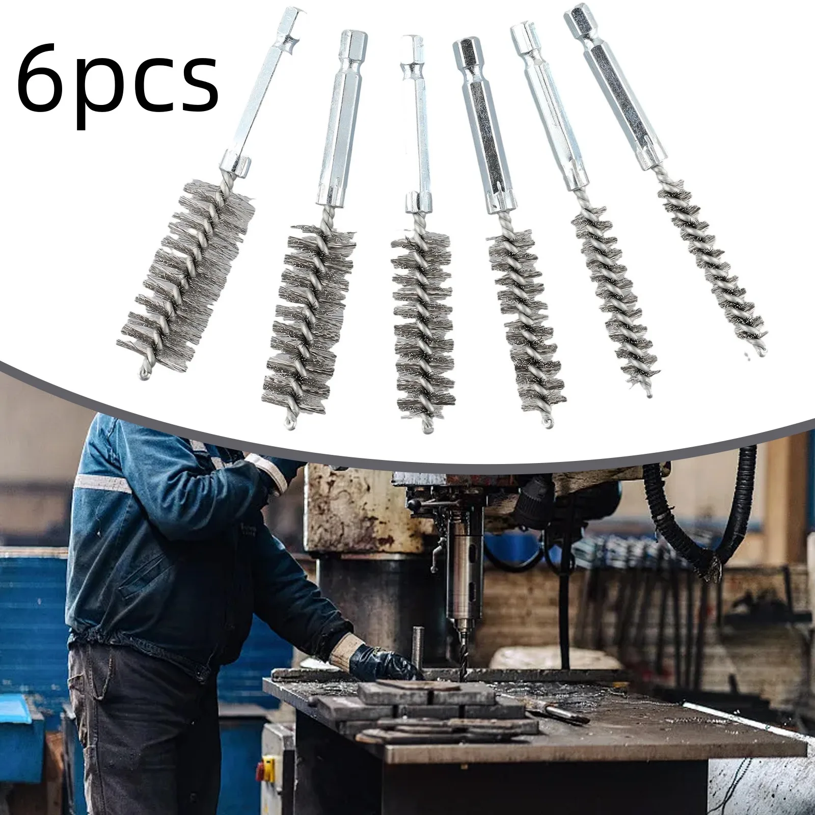 6pcs Steel Bore Wire Brush Twisted Wire Stainless Steel Cleaning Brush With Handle 1/4 Inch Hex Shank For Impact Drill