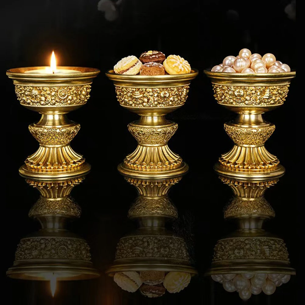 Tibetan Brass Butter Lamp Holder, Eight Auspicious Symbols Vase Dharma Protector Cup, Home Shrine Offering Utensil & Ornament