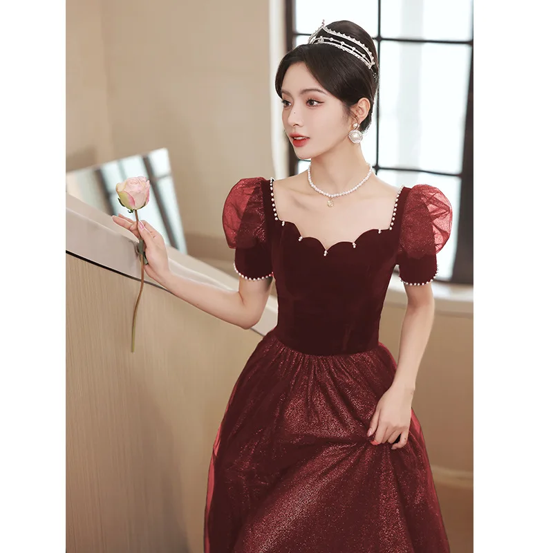 Toast Clothing Short Sleeves Floor-Length Wedding Dress Woman Burgundy Lace Up A-Line Party Formal Gown