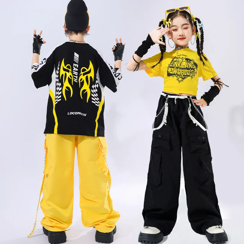 Ragazze Hip Hop Giallo Crop Top Pantaloni cargo Set di vestiti Ragazzi Street Dance T-shirt a contrasto Bambini Costumi jazz Bambini Streetwear