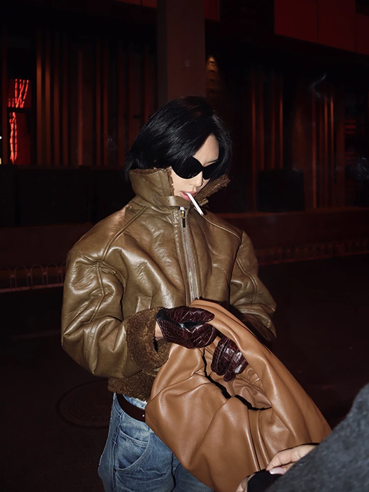 

Женская байкерская куртка VanaLab с воротником-стойкой, теплая, из овечьего велюра, осенне-зимнее пальто в британском стиле, модная женская верхняя одежда