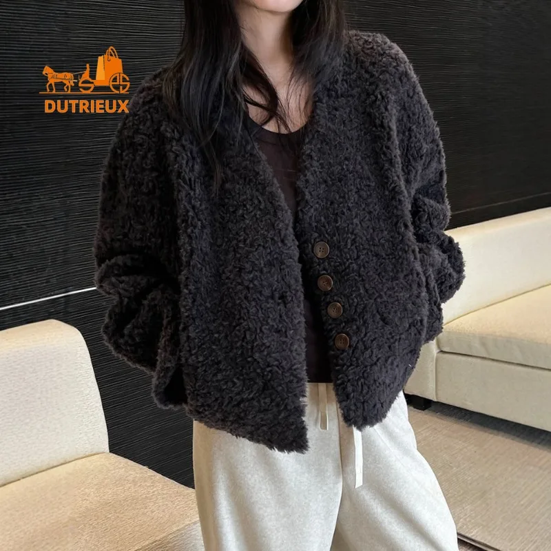 Winter V-neck Wool Fur Coat for Women, 100% Real Wool, Fashionable Travel Temperament Warm Genuine Wool Fur Jacket for Women