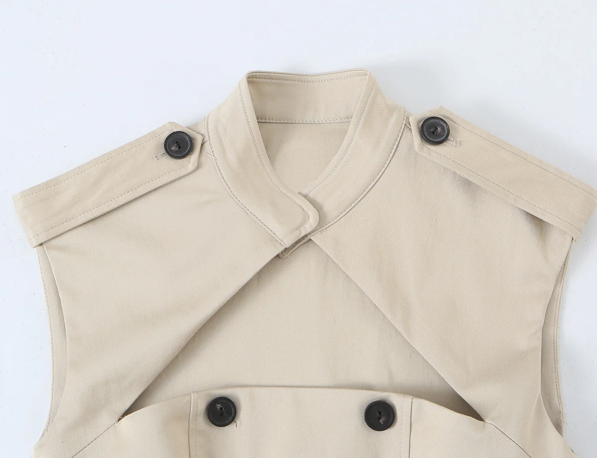 Elegantes Damenkleid, ärmellos, sexy Cut-Out, figurbetontes Mini-Kleid für Dates, schickes, doppelt getragenes Trenchcoat-Stil Damenkleid, neu. – Detail 4