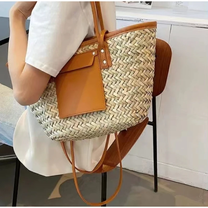 Women Straw Woven Tote Bag,fashion Rattan Handbag,large Capacity Ladies Summer Beach Shoulder Bag Multifunctional Shopping Bag