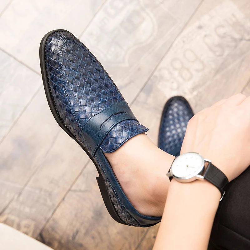 New Genuine Leather Hand Knit High Quality Fashion ManThick Sole Non-slip England Style Men Casual Shoes Genuine Leather Loafers