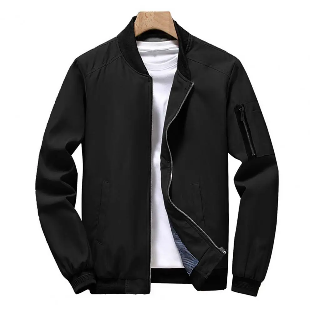 

Solid Color Men Jacket Stylish Men's Baseball Jacket with Stand Collar Long Sleeve Zipper Placket Patchwork Color Coat for Men