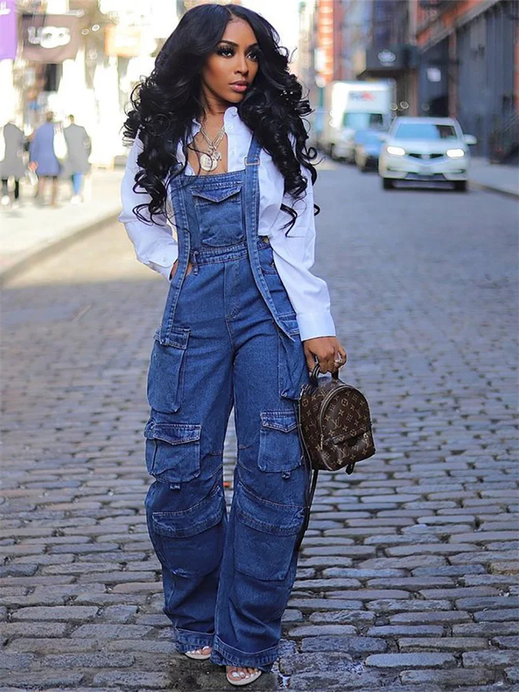 Wmstar Women Jumpsuit Fashion Rompers Streetwear Sleeveless Denim Vintage Loose Jeans Overalls Pockets Wide Leg Female Pants