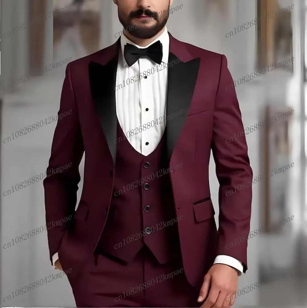

Новый черный воротник бордовый формальный мужской костюм жених жених свадебная вечеринка выпускной деловой мужской смокинг комплект из 3 предметов блейзер жилет брюки