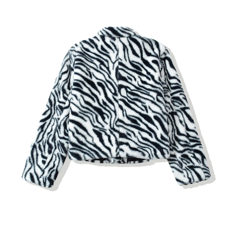 YENKYE  Women Zebra Striped Print Faux Fur Jacket Lapel Collar Single Breasted Cropped Coat Winter Warm Fluffy Outerwear