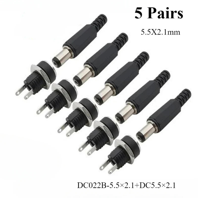 5 Pair DC 12V Male Female Socket Panel Mount Barrels Jack Plug Power Connector Female Jack Screw Nut Panel Mount Connector