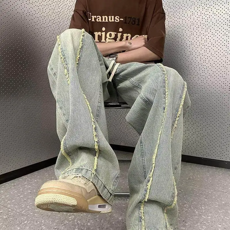 

Heavy Duty Men's High Street Loose American Retro Washed Frayed Jeans Vintage Hip Hop Wide Leg Vibe Style Casual Long Trousers