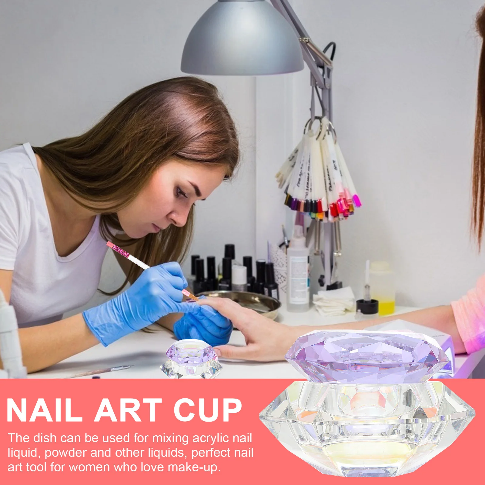 Copo de prato de vidro de cristal para arte em unhas, recipiente versátil de pó líquido acrílico, melhor presente para mulheres, tigela de arte em unhas