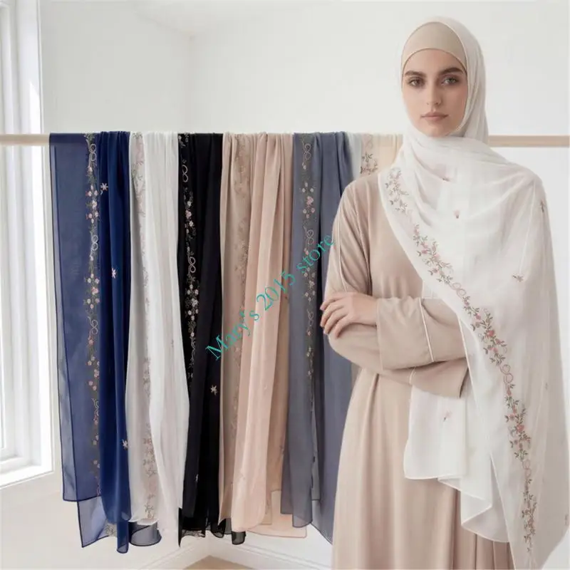 

Elegant Floral Embroidered Muslims Scarf Soft Fabric Turban Headscarf Headwrap For Women And Girls