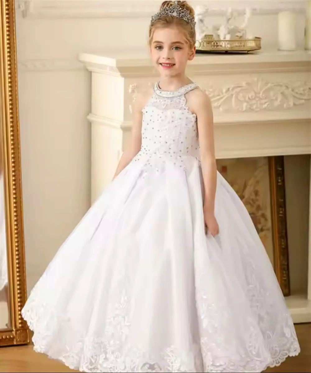 

Elegant Sleeveless Flower Girl Wedding Dress Appliques Lace Beaded Princess Birthday Party Dress First Communion Gown Customized