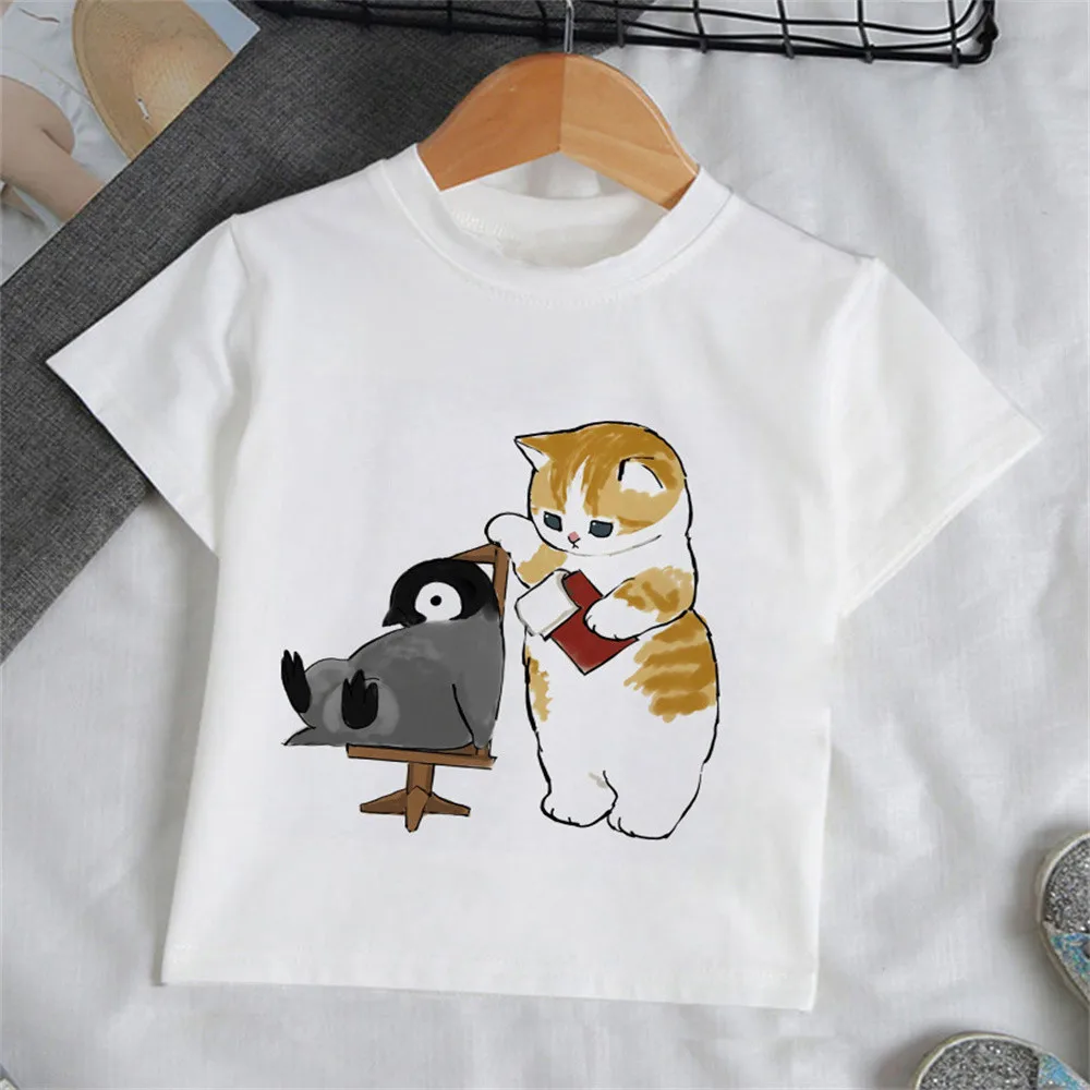 Girls Cartoon Cat T Shirt Tee Fashion Kids 3-12 Years Outdoor Clothes for Children Teenagers T-Shirt 10 Years Old Girls Clothes