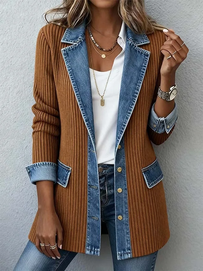 Gerippter Denim-Patchwork-Blazer für Damen mit Revers, langen Ärmeln, einem Knopf, lässig, mittellang, Damen-Oberbekleidung für Frühling und Herbst – Detail 4