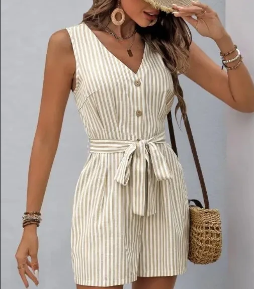 Women's Sleeveless V - Neck Romper, Striped Pattern with Button Front and Self - Tie Belt, Minimalist Jumpsuit Design