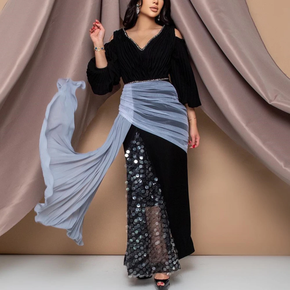 Temperament Sequined V-Neck Ankle Length Side Slit  Straight Evening Dress Chiffon Long Sleeves Ribbons Vestidos de fiesta