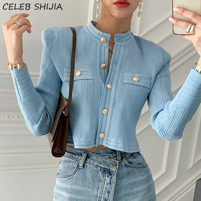 Chic Blue Knitted Cardigan Woman  Gold Button Vintage Sweater Female Single-breasted Business Cropped Sweater Woman Tops