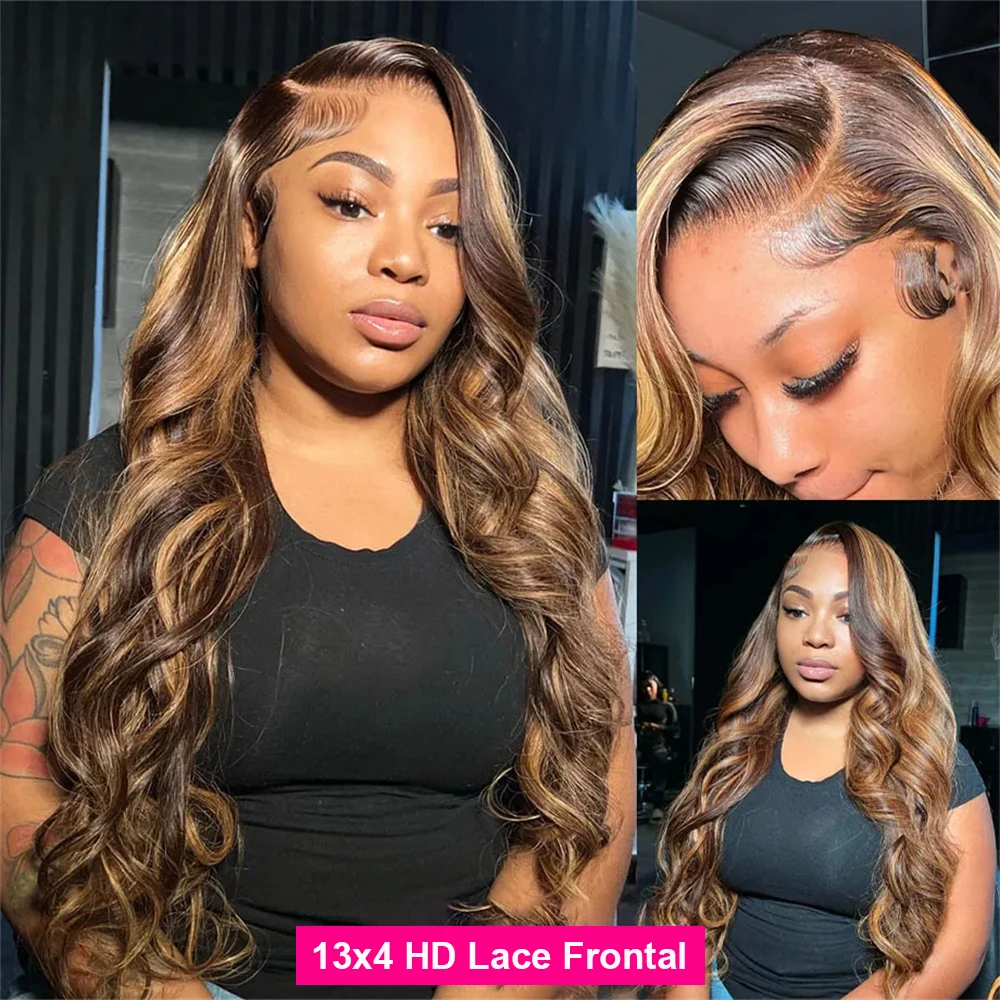 Perruque Lace Front Wig 4/27 naturelle Remy, cheveux longs, balayage ombré brun blond, 13x4, 100%