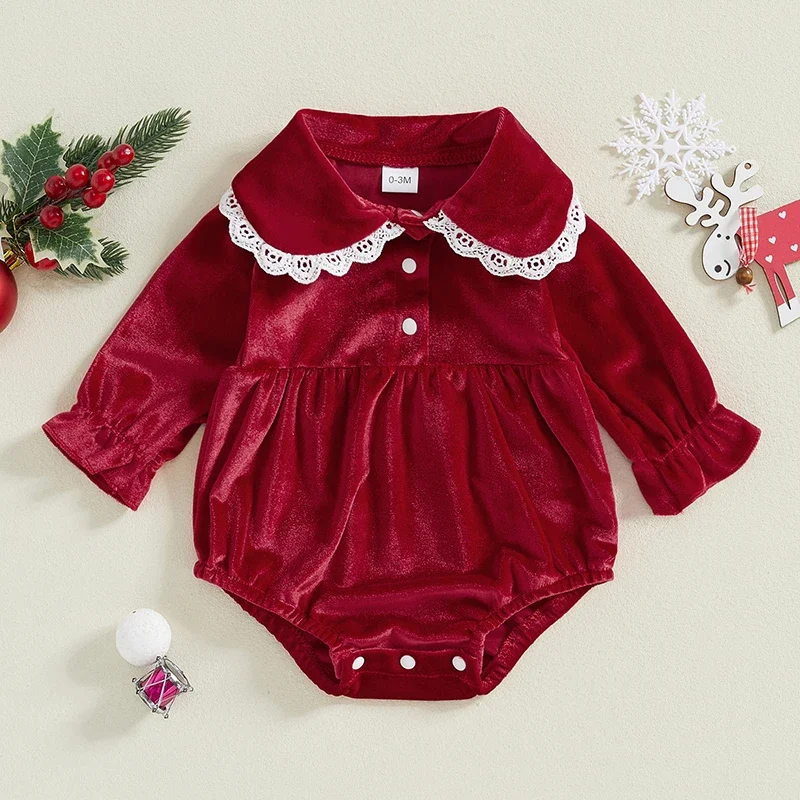 Baby Girl Spring Autumn Lace Trim Velvet Romper Long Sleeve Lapel Triangle-Bottom Jumpsuit Newborn Clothes