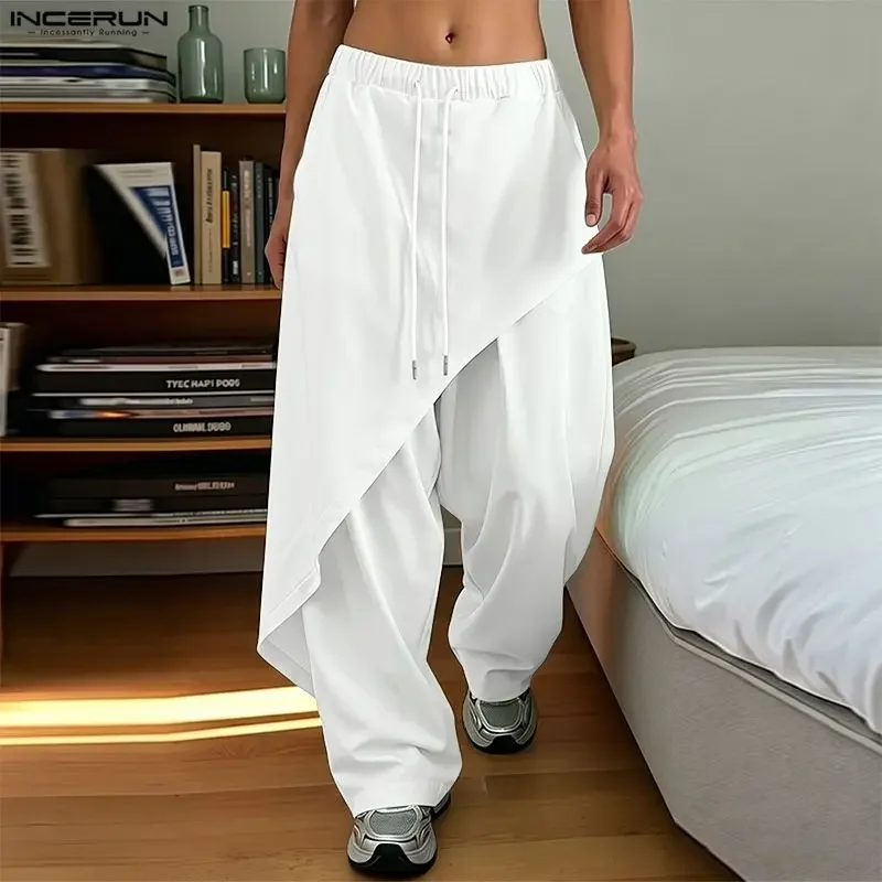 INCERUN Men's Pants Solid Color Joggers Drawstring Loose Casual Irregular Trousers For Man Streetwear Fashion Pantalones Pants
