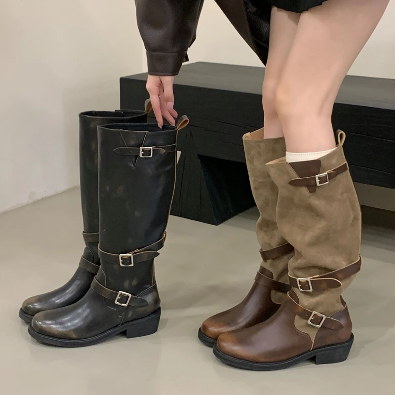 

Aneikeh/2026, зимние модные женские сапоги до колена в стиле ретро с круглым носком, дизайнерские ботильоны с пряжкой на ремне, туфли на квадратном низком каблуке