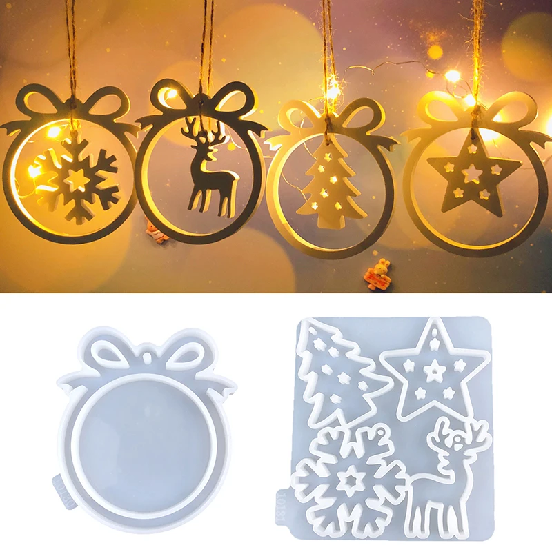 2 pçs/set decoração de natal molde de silicone diy árvore de natal pingente arco círculo floco de neve elk casa molde de gesso presente artesanal