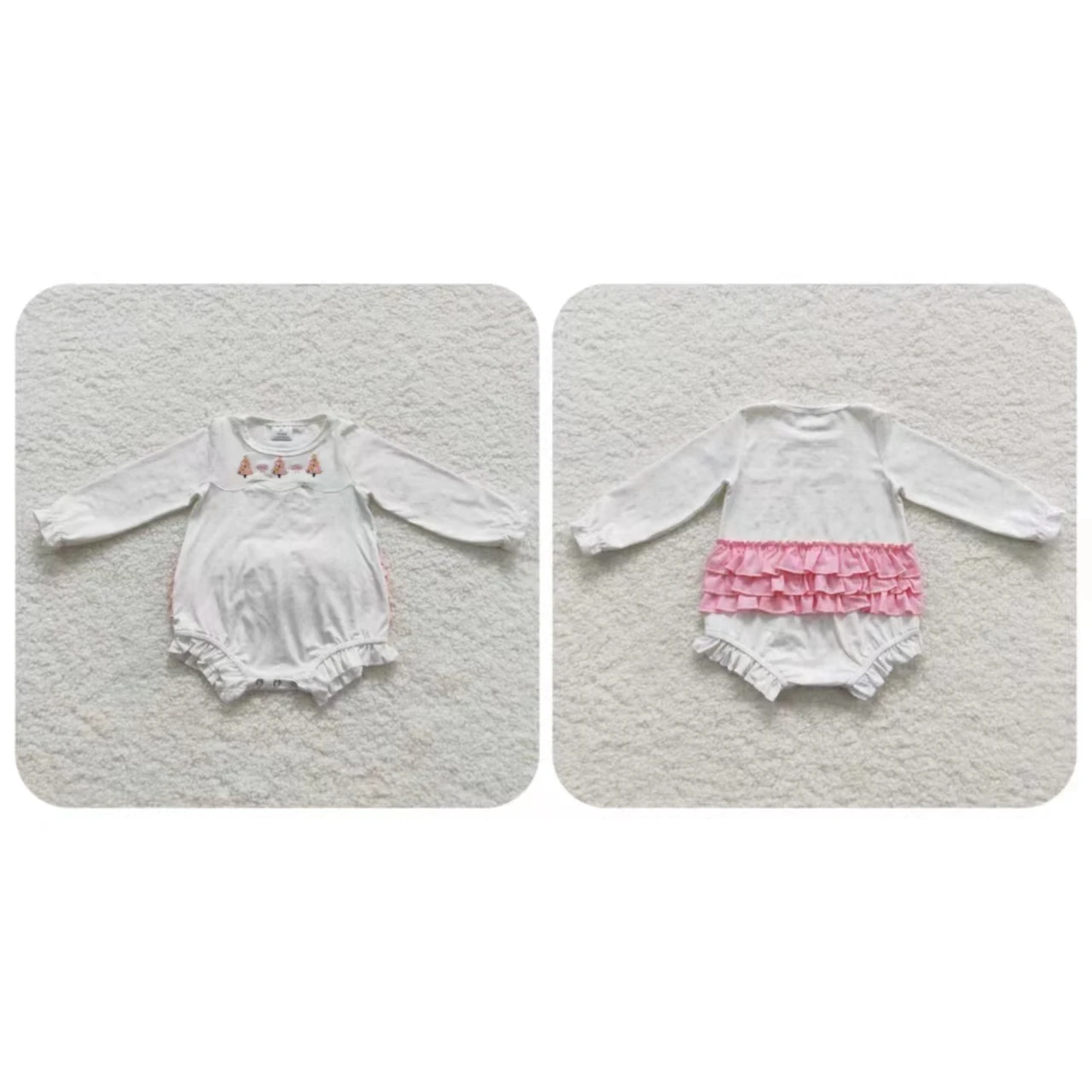 Wholesale Newborn White Bubble Long Sleeves Romper Baby Girl Embroidery Jumpsuit Kids Toddler One-piece Christmas Tree Clothes