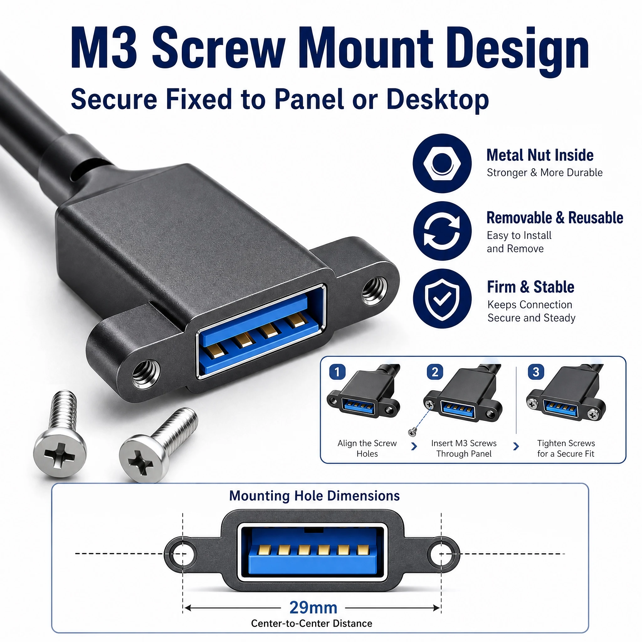USB 3.0 Extension Cable Male To Female 5Gbps Panel Mount M3 Screw Fixed USB Date Cable for Desktop Case Industrial Equipment