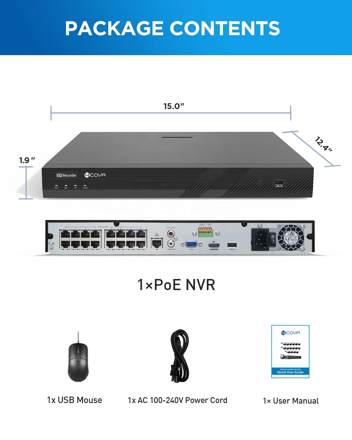 Grabador de vídeo en red 4COVR, 16 canales, 4K, H.265, 5MP/6MP/8MP/12MP, entrada de cámara IP, 16 canales, 4K, NVR POE, 2 puertos SATA, grabación de 20TB