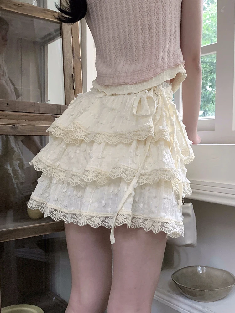 

Mini Layered Skirts Sweet Cute Lace Ruffles Patchwork Short Skirt Women's Summer High Waist A-line Skirt Korean Clothes