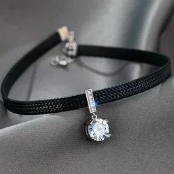 Glitter Zircon Geometric Pendant Choker Sexy Black Leather Short Necklace for Women Temperament Aesthetic Jewelry Accessories