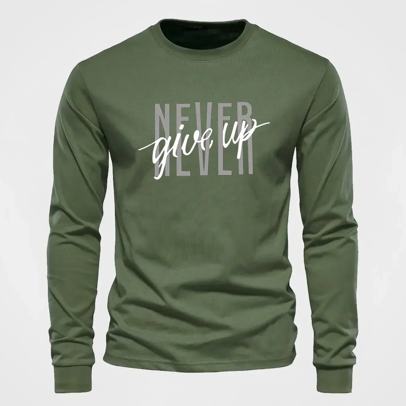 Mens Never Give Up T Shirt Letter Print Long Sleeve Casual Crew Neck Fitness Workout Gym Sports Bodybuilding Training Autumn Top