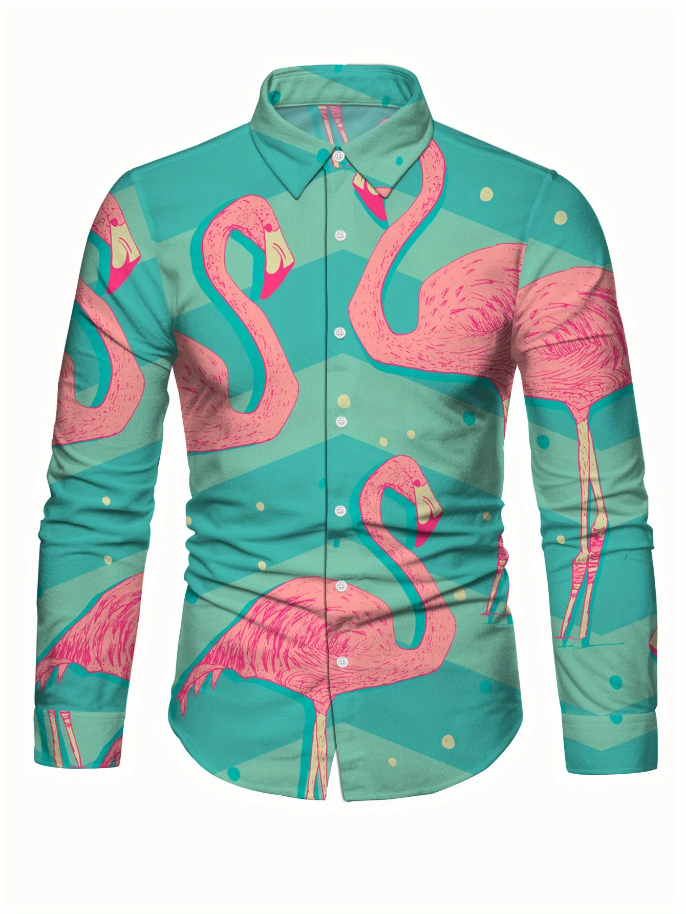 Men's Vibrant Flamingo Print Long-Sleeve Shirt - European & American Standard Size, Classic Collar Button-Up, Non-Stretch Fabri
