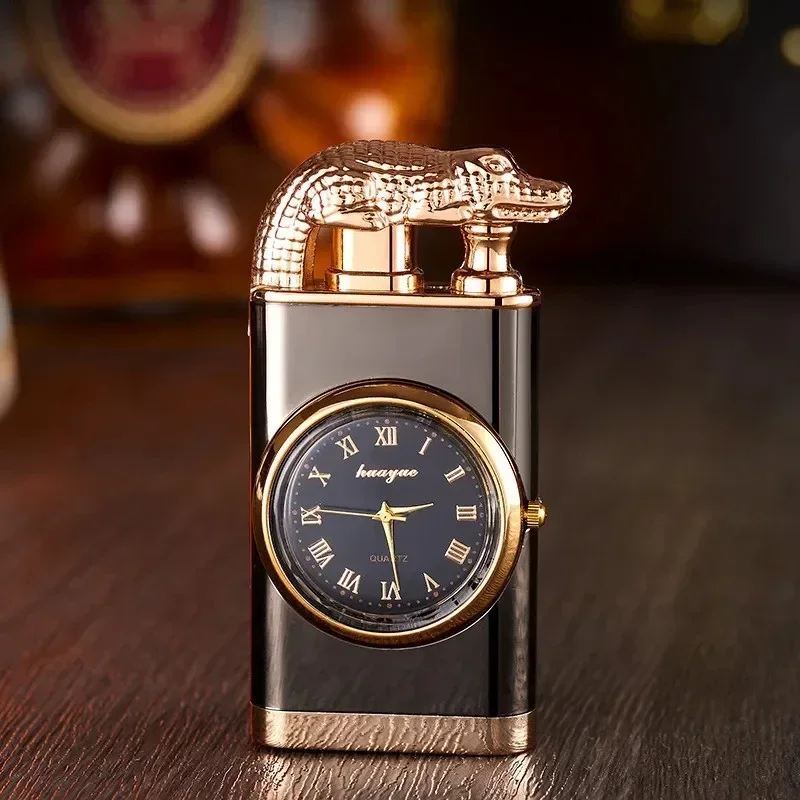 

New Creative Metal Windproof Crocodile Lighter Blue Flame Butane Gas Quartz Dial Lighter Turbo Torch Direct Charge Men's Gift