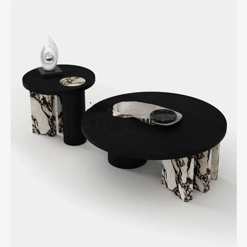 

Italian Minimalist Bulgari Stone Plate round Tea Table Designer High-Grade Black Solid Wood round Coffee Table furniture