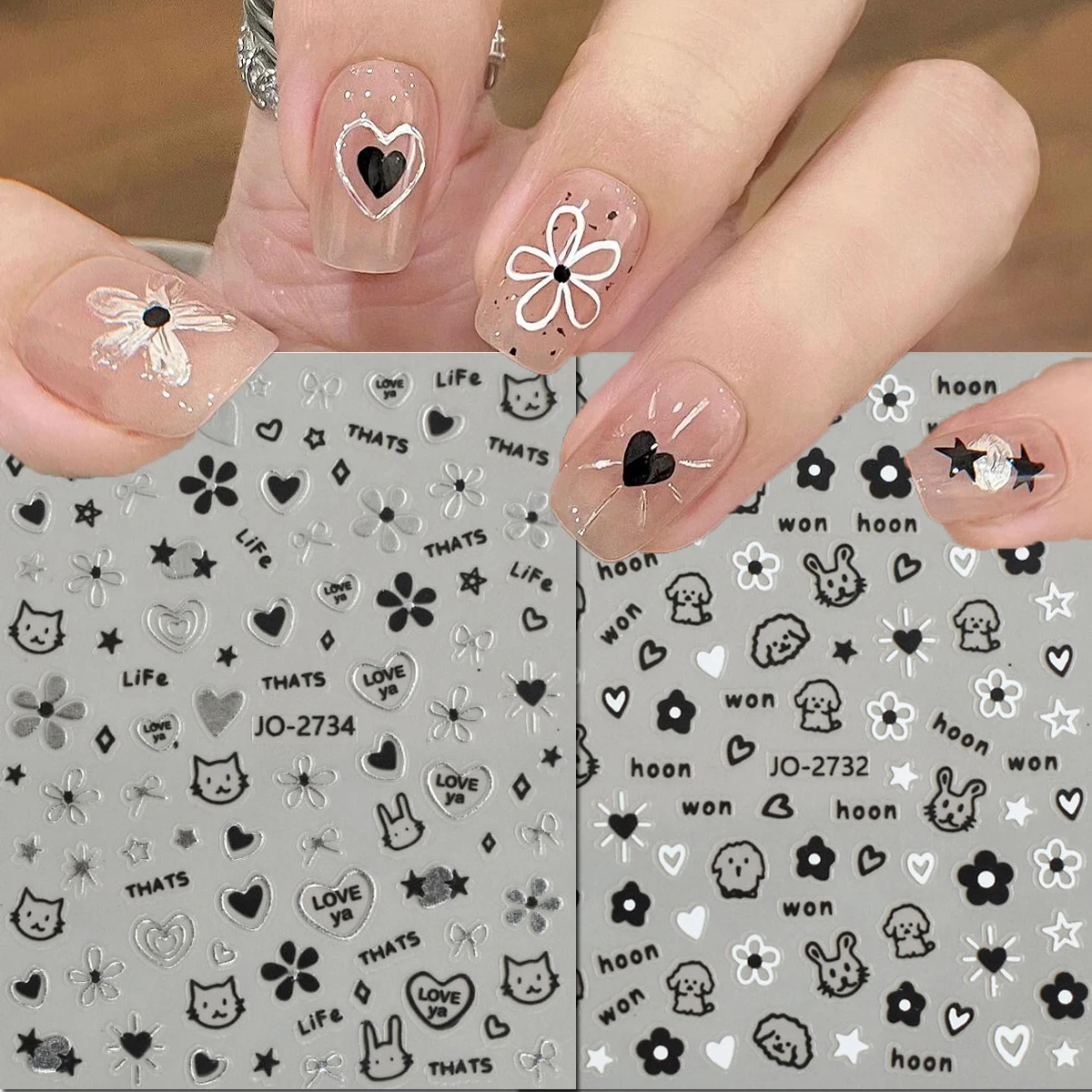 1pc Black Dog Cat Petals Flower Love Hearts Star Bowknot 3d Nail Stickers Nail Art Decals For Nails Tips Decorated Manicure