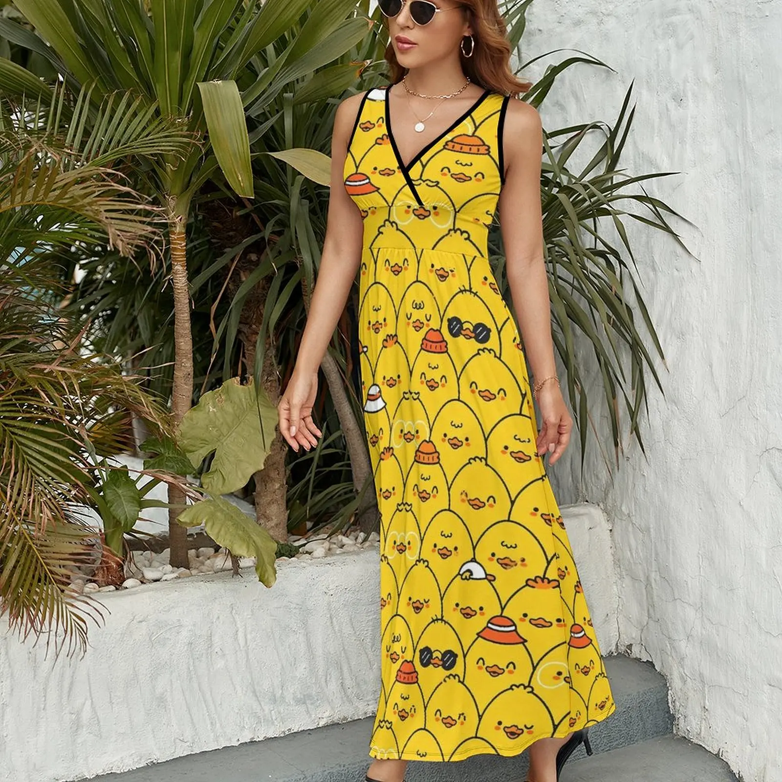 Yellow Ducks Dress Funny Ducklings Elegant Maxi Dress Aesthetic Bohemia Long Dresses High Waist Custom Oversized Vestido