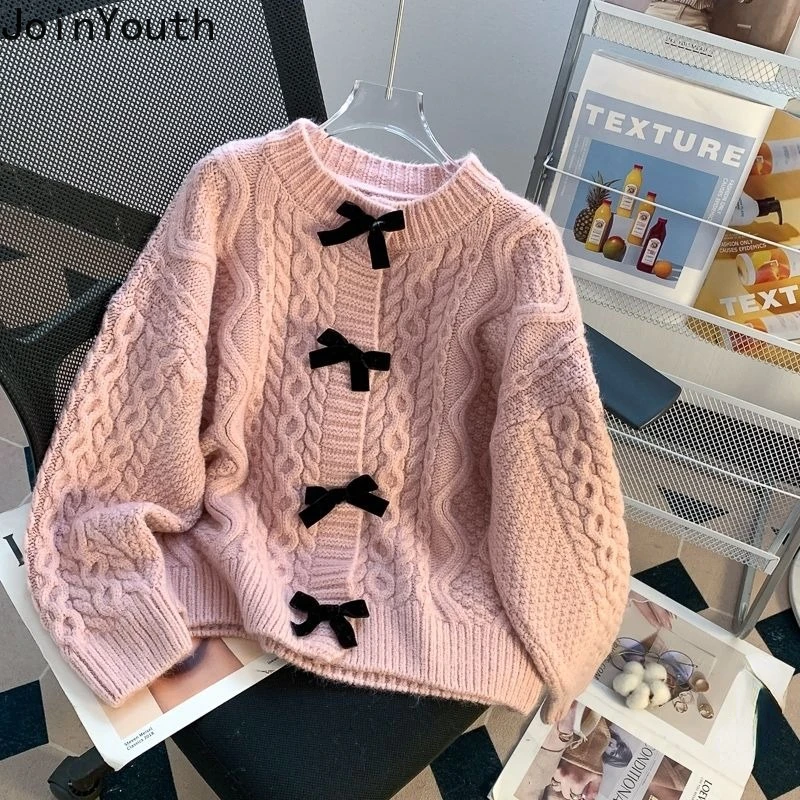 Korean Cardigan Jackets Fall Winter Women Clothing Sueter Mujer Fashion Sweet Knitted Bow Sweet Sweater Tops Vintage Pull Femme