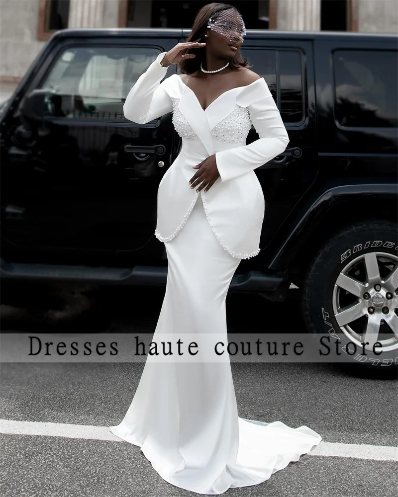 Aso Ebi New Arrivals Jumpsuits Wedding Dresses 2025 Women With Jacket Beaded Long Sleeve Bridal Gowns Customized