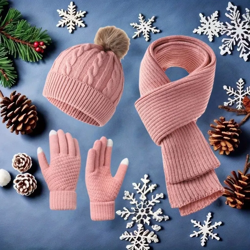 3Pcs/Set Warm Winter Hat Scarf Gloves Set Thicken Windproof Scarf Neck Warmer Suit Elastic Soft Knit Beanie Snood Set