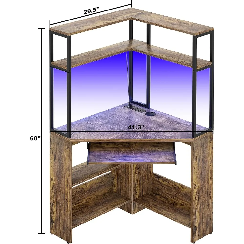 Mesa de canto pequena com gaiola, mesa de computador de canto resistente com tomadas de energia e luz LED, mesa de jogos de canto triangular