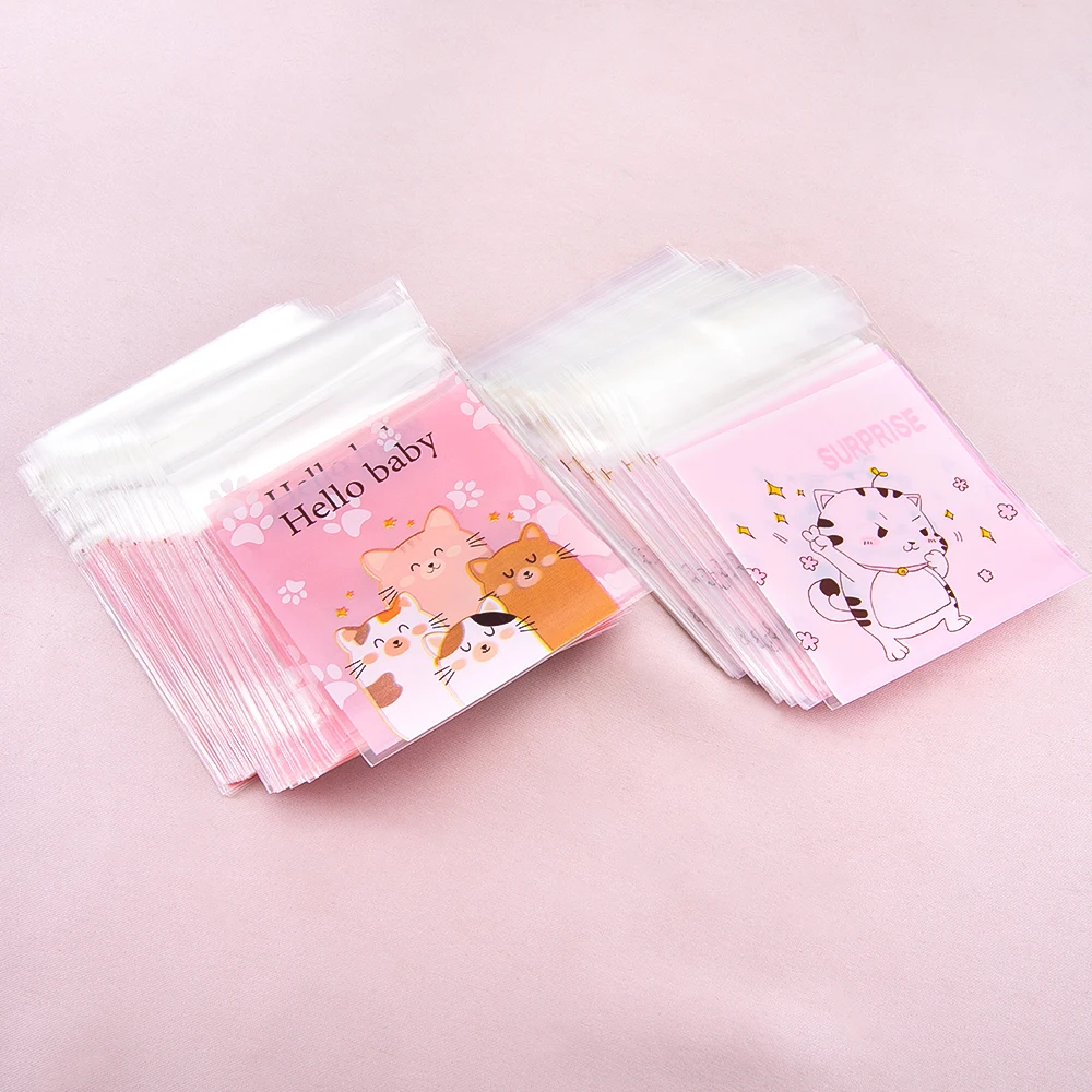 50pcs 7x7cm Cute Kitten Plastic Packing Bag Transparent Self-Adhesive OPP Bag for Jewelry Packaging Candy Cookies Gift Pouches