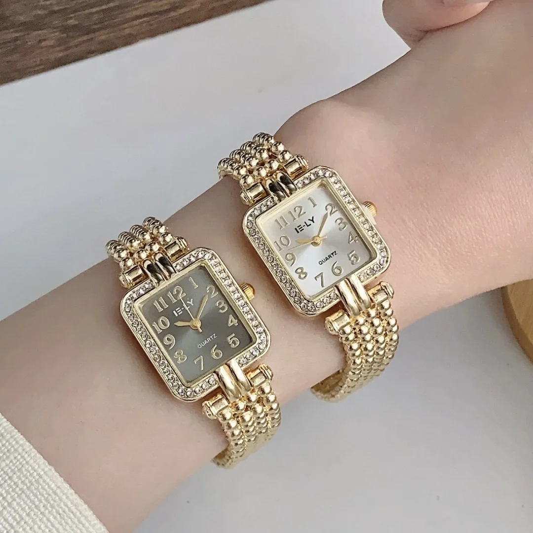 ساعة مربعة للنساء سوار ذهب ساعات كوارتز نسائية حجر الراين ساعة يد نسائية بسيطة ساعة ساتي Relojes