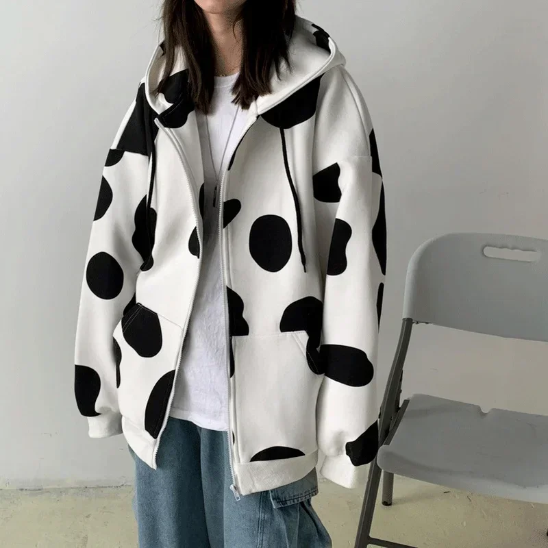 

Thick Warm Loose Casual Harajuku Jacket New Autumn and Winter Women's Cow Print Print Color Block Zipper Hooded Cardigan Jacket