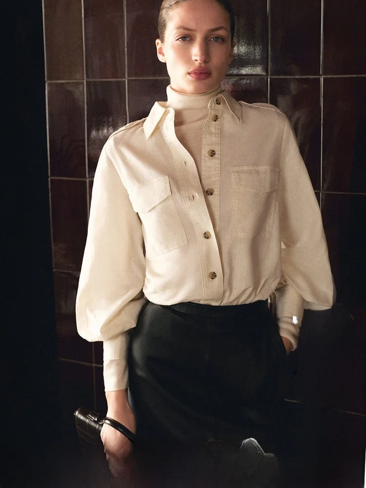 

H&M Women's Summer New Linen Blend Workwear Shirt Long Sleeve Button Pocket Classic Fit Cotton 47% Linen 53% Workwear Style